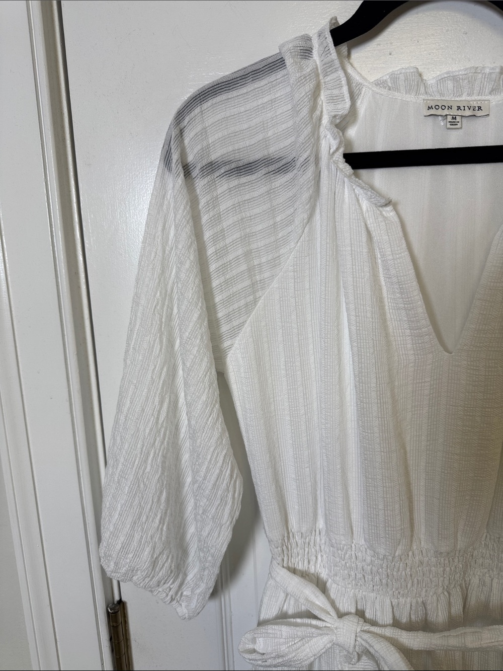 Moon River White Textured Tiered Midi Dress | Smocked Waist Boho Cottagecore M - Picture 4 of 9